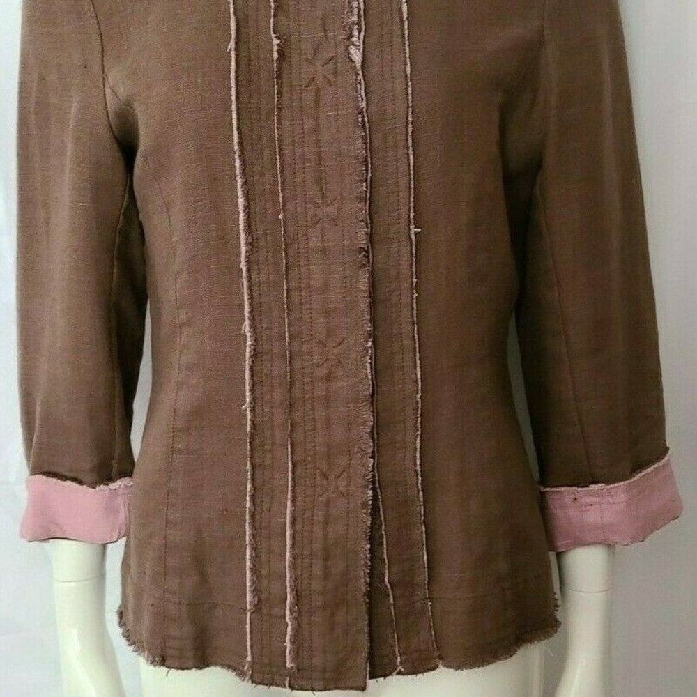 Philippe Adec Paris 100% Linen Blazer Size 2 Brown Pink Trim Frayed Edge Career